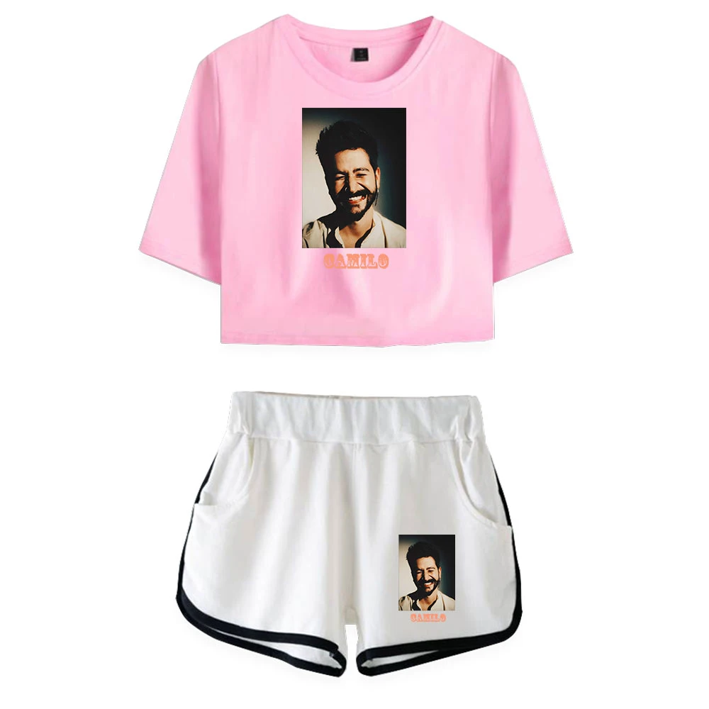 

2021 Camilo Echeverry Tracksuit Two Piece Set Summer Short Sleeve Crop Top+Shorts Fashion Pop Singer Women's Set Clothes