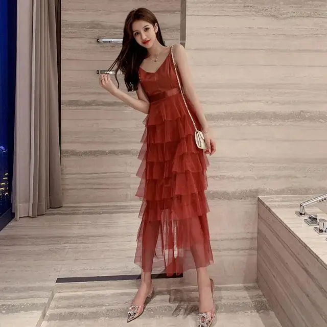 

Open back suspender dress women 2021 summer new mesh sexy temperament splicing super fairy long cake skirt
