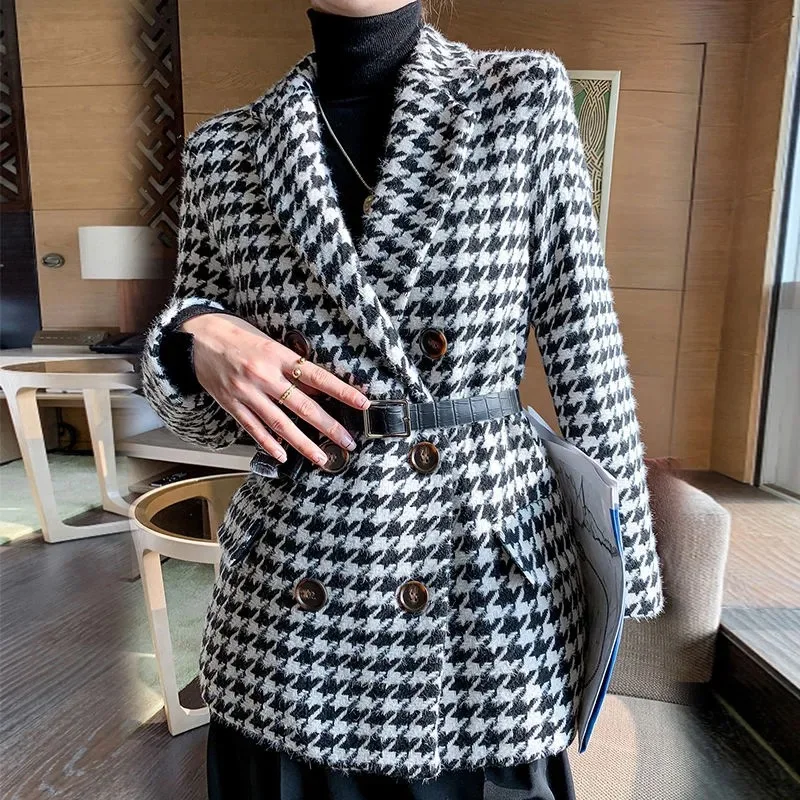 

Winter Jacket New Korean Version with Waist Bag Houndstooth Woolen Coat Suit Thick and Loose Women Jacket