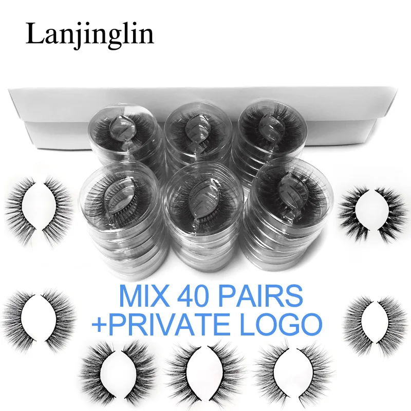 MIX40PAIRS WITH LOGO Норковые накладные ресницы, 20 Вт, 30 Вт, 40/50/70/100 пар 3d пушистый тонкие накладные ресницы натуральные длинные Макияж для ресниц наращивание оптом - Цвет: MIX40PAIRS WITH LOGO