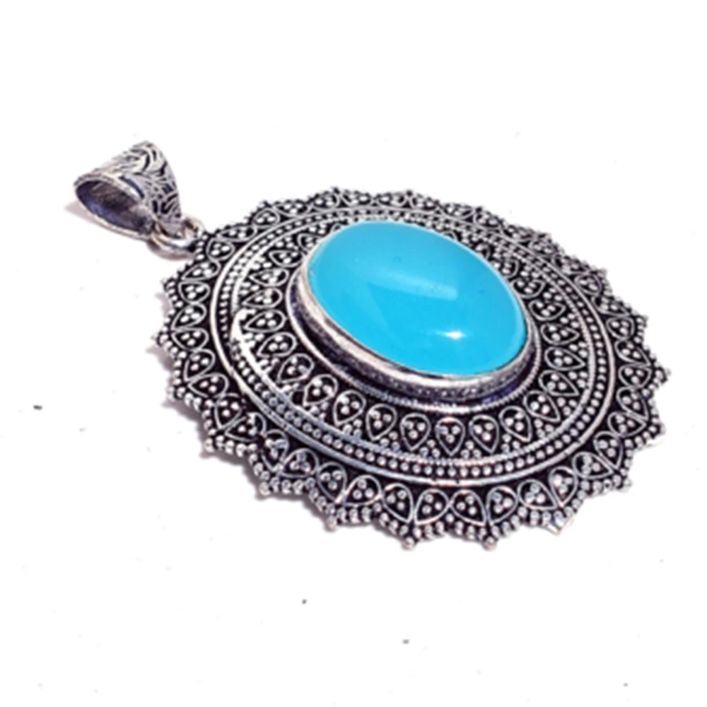 Подвеска из тибетского серебра с голубым халцедоном ювелирные изделия ручной
