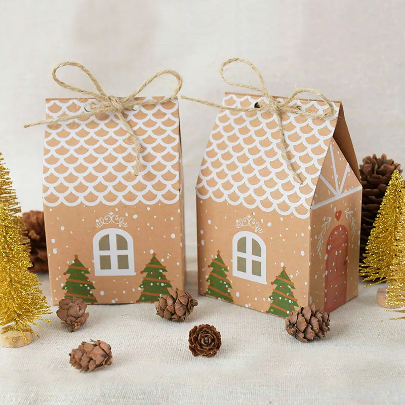 

5Pcs Christmas Gift Bag Design Reusable Craft Paper Boxes for Birthday Kids Presents Candies Cookies Packaging Xmas Theme Gift