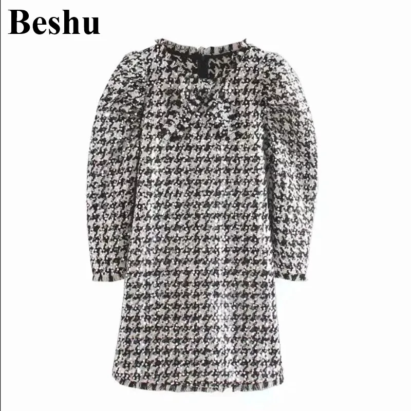 Za 2019 модное мини-платье для женщин твидовое платье с длинными рукавами и