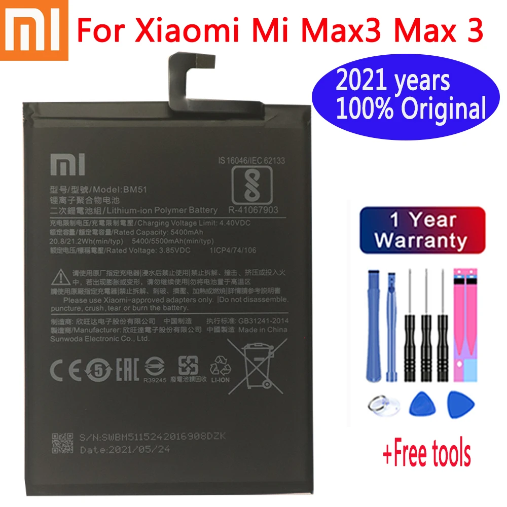 

2021 years Xiaomi 100% Original Replacement Battery For Xiaomi Mi Max3 Max 3 BM51 Genuine Phone Battery 5500mAh + Free Tools