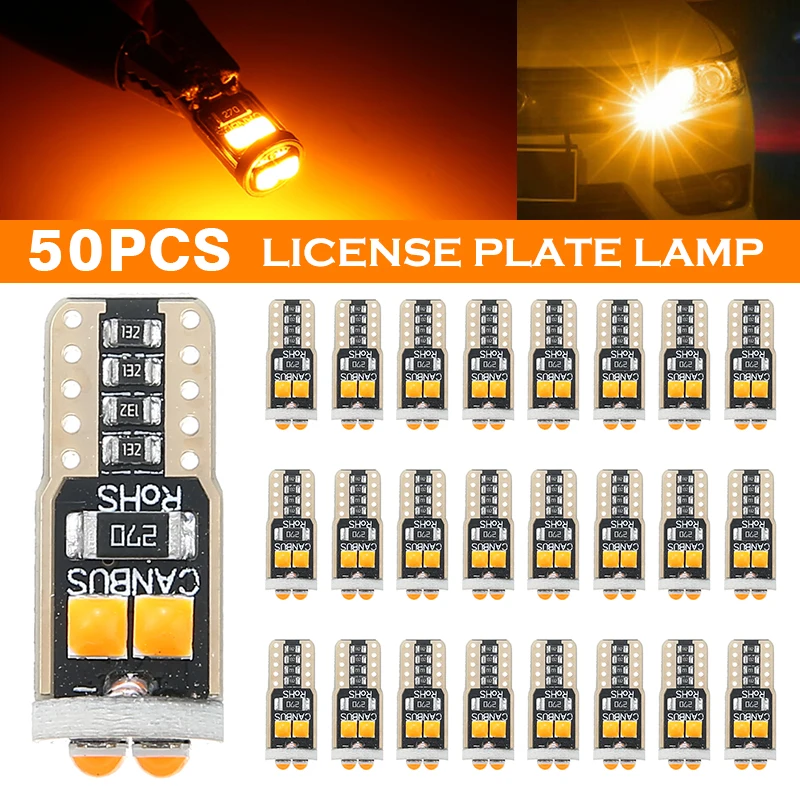 

50pcs/set 12V 2W T10 W5W 6 SMD 3030 Canbus Car Amber LED Bulbs 194 168 147 152 158 159 Auto Truck Reading License Plate Lights