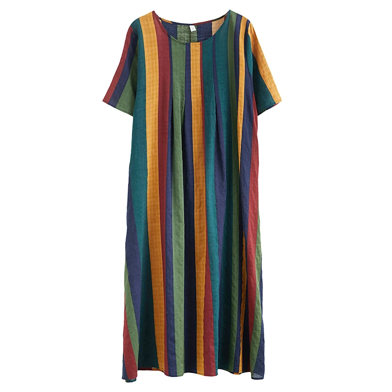 

Artistic Retro Colorful Striped Cotton and Linen Short-Sleeved Dress Summer Loose Slimming Casual Thin A- line Dress Women