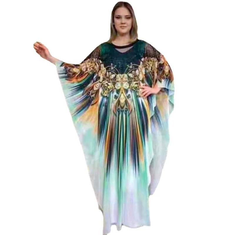 

Polyester Printing African Plus Size Long Dress African Women V-neck Long Robes Maxi Dress African Clothes Women
