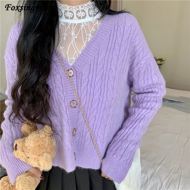 

Ladies Winter Sweater 2021 Knitted Sweater Cardigans Women V-neck Long Sleeve Single Breaster Female Solid Sweaters Sueter Mujer