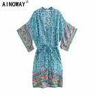 Женское винтажное пляжное кимоно с цветочным принтом и рукавами летучая мышь