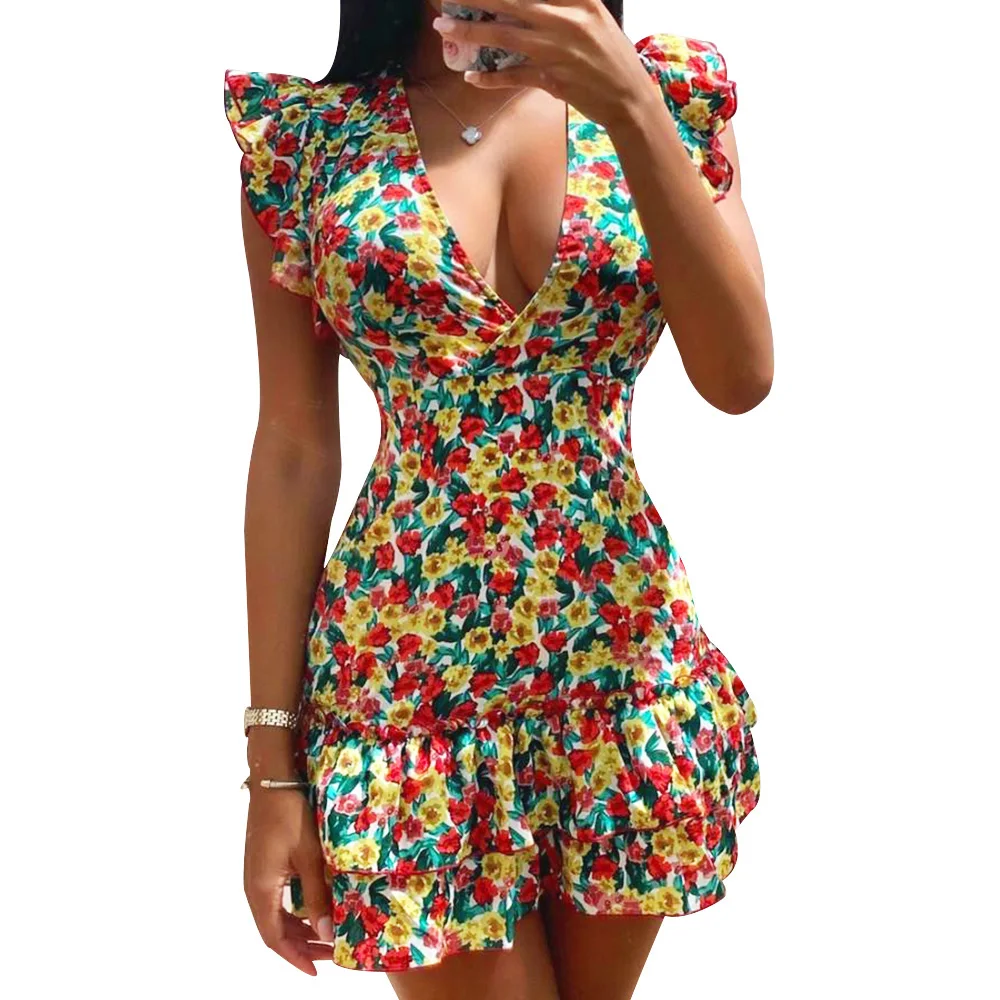 

2021 Summer Boho Party Dress Cross V Neck Elegant Sexy Dress Boho Beach Female Floral Print Flying sleeve Mini Sheath Dress