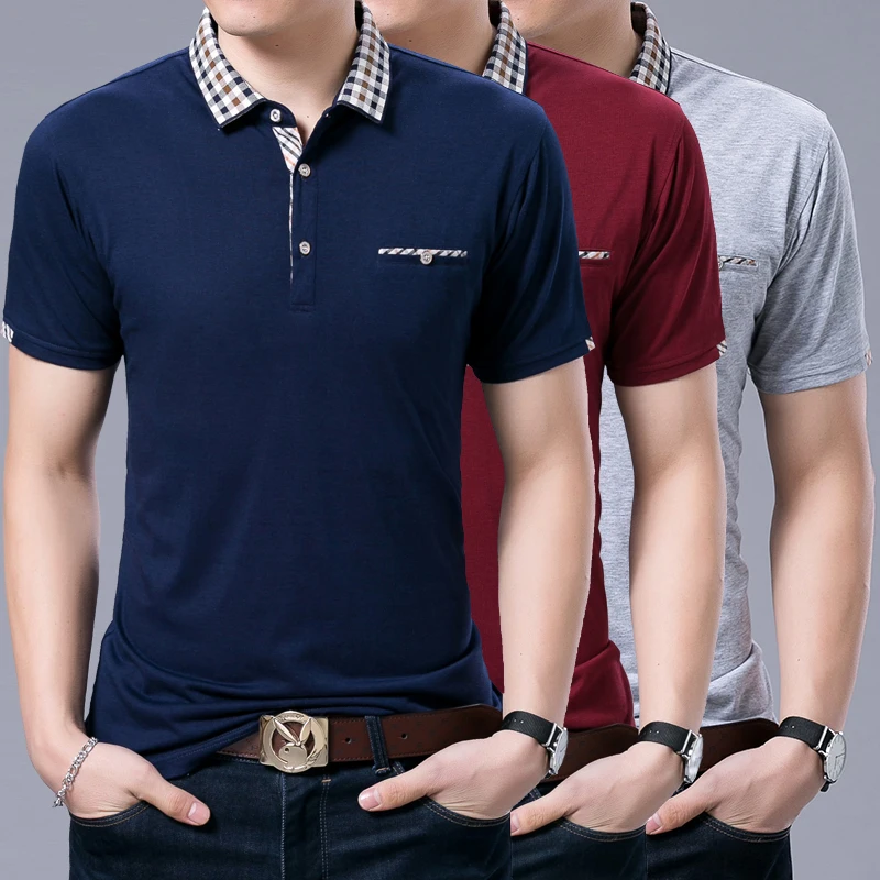 

Shirt Men Polo 2019 Summer Polo Shirts Man Short Sleeve Cotton Brand Plaid Collar Male Pullover Top M-XXXL GRAY NAVY WINE 882