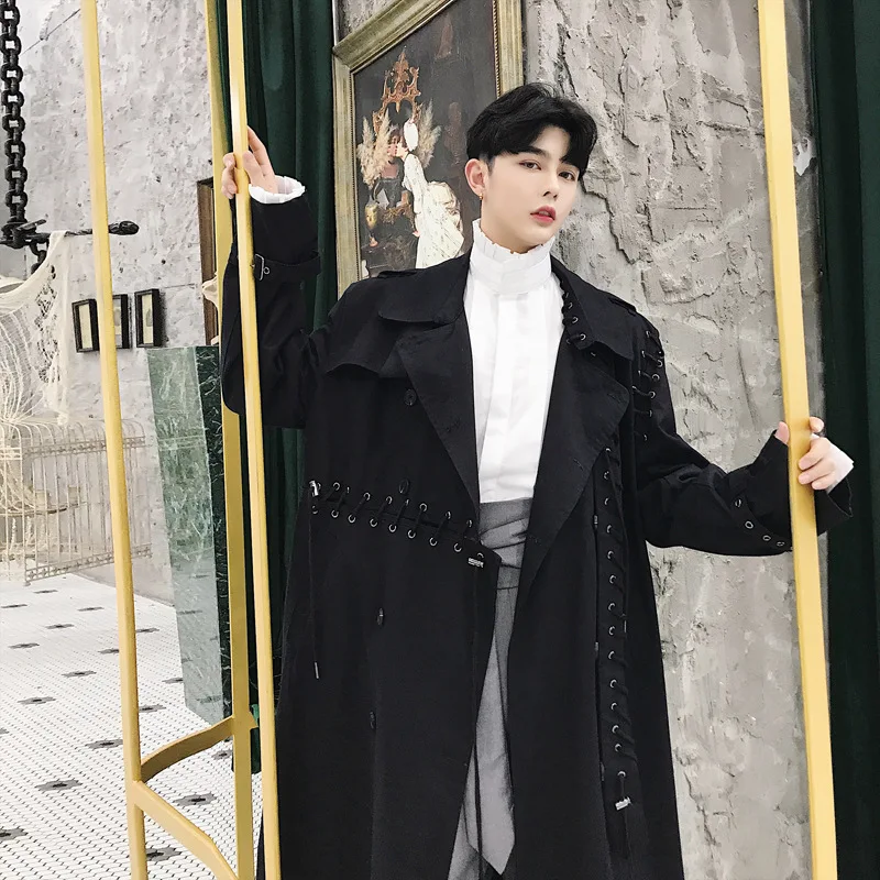 

Design Sense Hollow Cross Strap Stitching Epaulettes Double-breasted Irregular Long Windbreaker Men's Asymmetric Coat Jacket