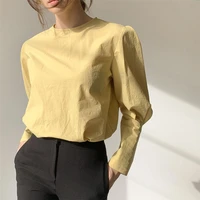 hzirip office lady women chic solid spring hot puff sleeves brief all match elegant o neck streetwear large size shirts