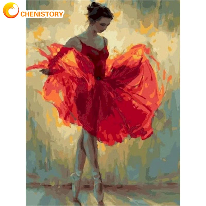 CHENISTORY Oil Painting By Numbers Red Dress Ballerina HandPainted DIY Kits Drawing Canvas Picture Home Decor For Kid Gift Frame