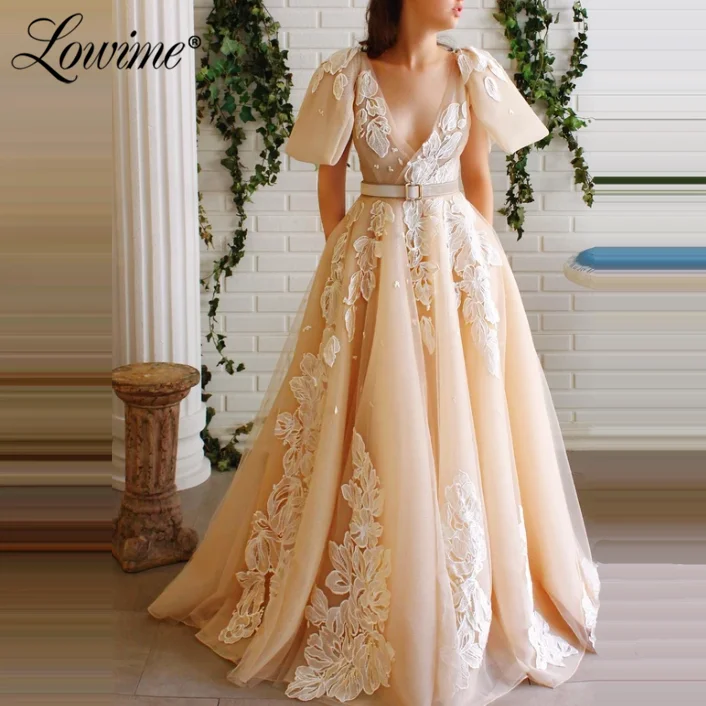 

Champagne Organza Applique Party Dress V Neck Capped Sleeves A Line Long Prom Dresses 2020 Custom Abendkleider Evening Gowns
