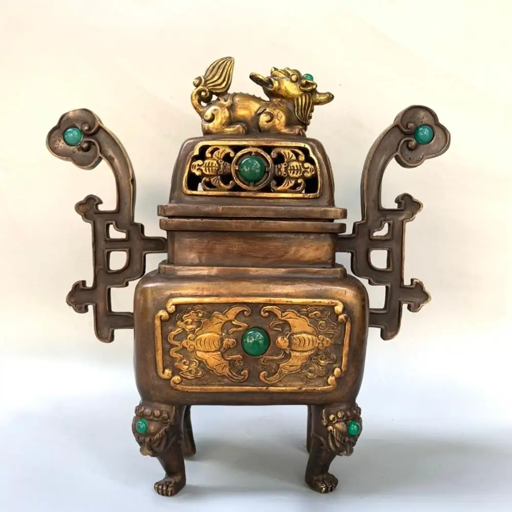 

wedding decoration Chinese collection pure copper gilt lion statue bat pattern hollow Jin Fushou Ruyi incense burner