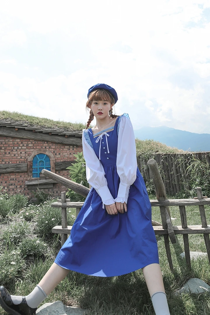 

Dresses Cheese Sweet Salt Dress Gentle Princess Dress Fake Two-Piece Long Skirt Blue Kawaii Plus size dresses for wom