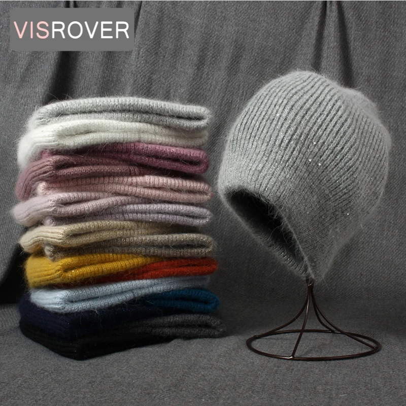 VISROVER Rabbit Cashmere unisex Woman Winter Hat With Lurex&Sequin Autumn Beanies Cashmere Woman Warm Rabbit Fur Skullies