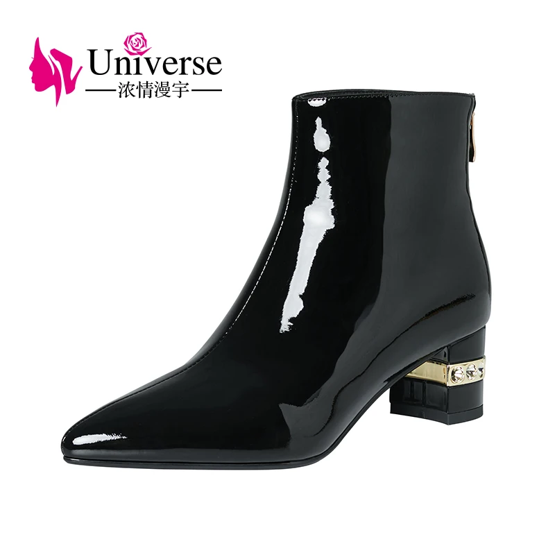 

Universe K300 Pointed Toe Black Patent Cowleather Fall/Winter Women Ankle Leather Boots For Women