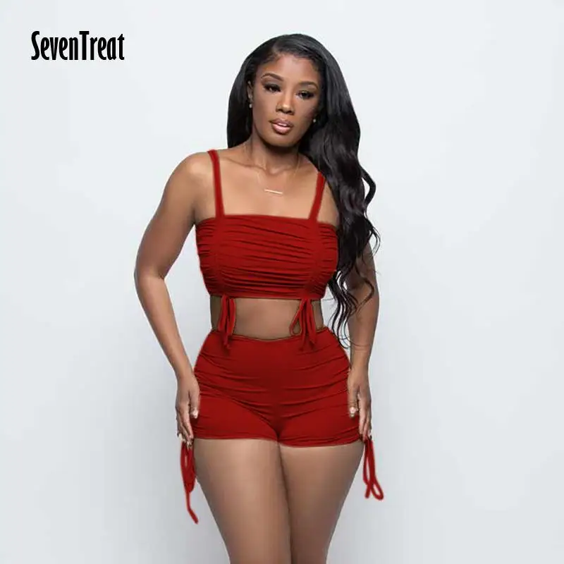 

Shirring Shorts Sets Summer Clothing 2021 Off Shoulder Crop Top Women New Fashion Solid High Waist Shorts Matching Sets