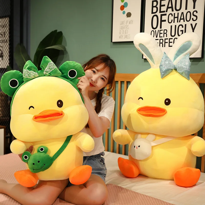 

25-70cm Lovely Duck Plush Toy Stuffed Animal Turn to Frog Rabbit Doll Soft Duck Pillow with Backpack Girls Lovely Birthday Gift