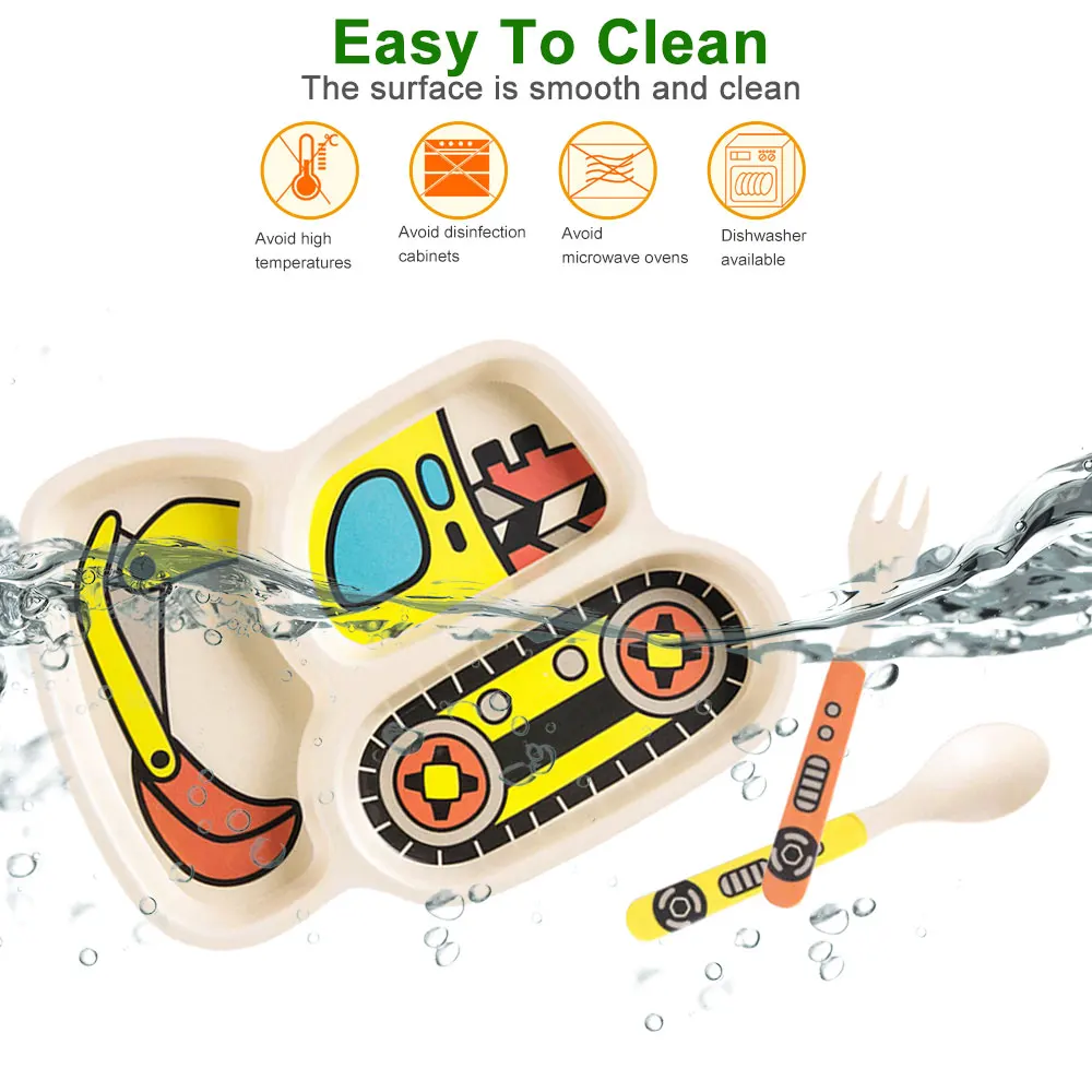 3pcs/set Cartoon Car Plate Fork Spoon Dinner Plates Set Dishes Divided Compartment Plates Tableware for Kids Toddlers Children