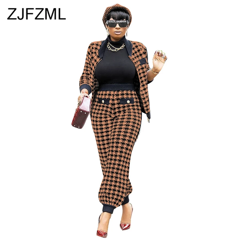 

Houndstooth Print Classic Two Piece Suit Autumn Winter Clothes for Women Long Sleeve Open Stitch and Button Pant Co-ord Outfits