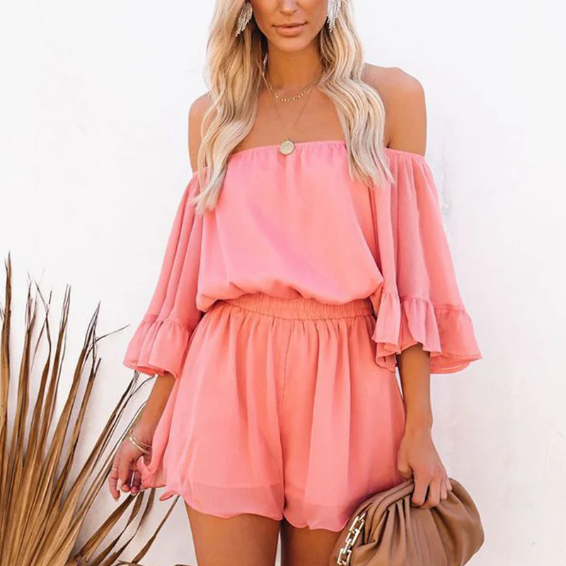 

Women's Off Shoulder Ruffle Flare Sleeves Jumpsuits Vintage Loose Elegant Female Playsuit Summer 2021 Beach Party Lady Jumpsuit
