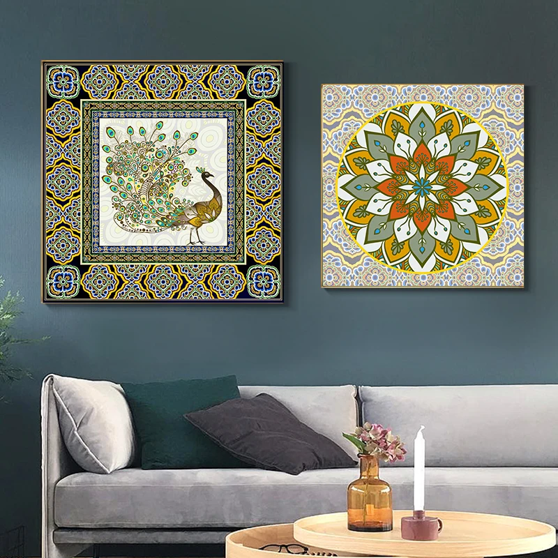 HD живопись современный павлин и мандала цветок религия холст печать плакат
