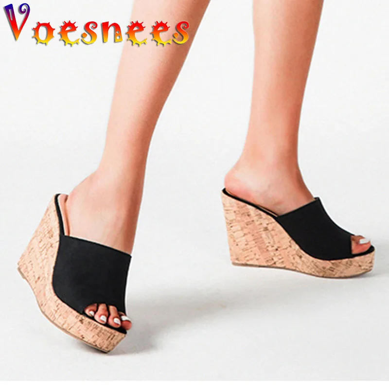 

Voesnees Leather Women Summer Slippers Shoes Fashion Simple Wedges Sandals Portable Waterproof Platform 11CM High-Heel Shoes
