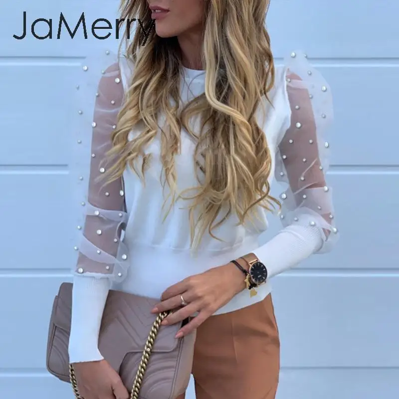 Женская элегантная сетчатая блузка JaMerry осенняя трикотажная рубашка с буффами на