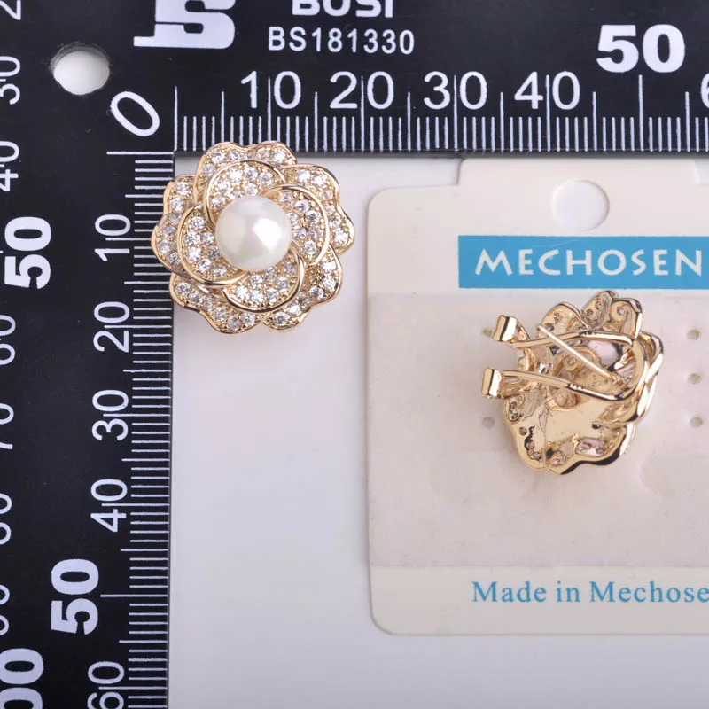 MECHOSEN Luxury AAA Zircon Necklace&ampEarrings&ampRing Set Multilayer Rose Flower Pendientes Copper Brincos Pearl Anel Bridal Schmuck |
