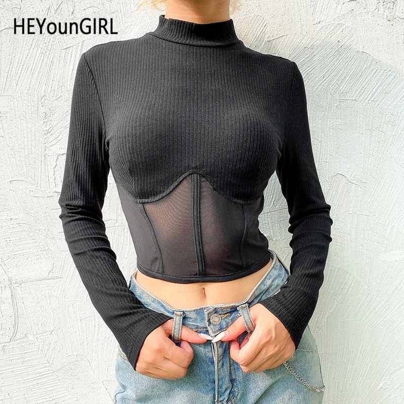 HEYounGIRL Лоскутная сетчатая черная футболка Harajuku Прозрачная женская с длинным
