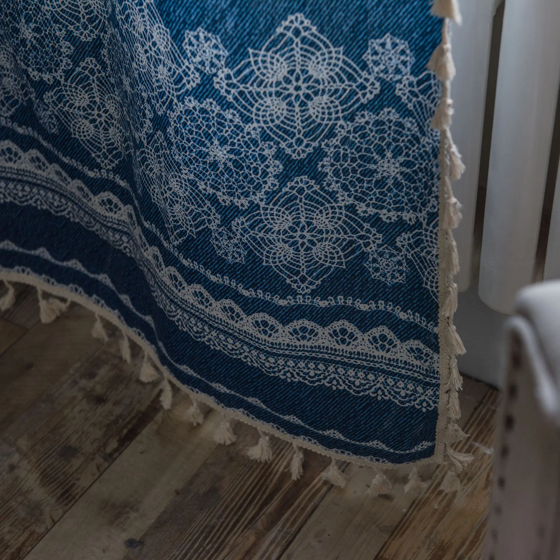 

Lace denim printing curtain finished cotton and linen tassel Japanese style kitchen curtain bay window semi-transparent curtain