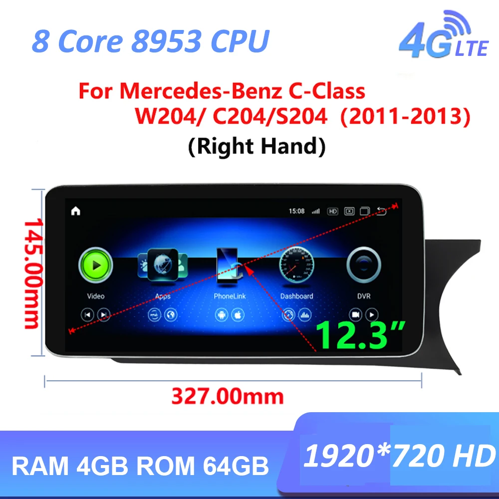 

12.3" IPS Android10.0 4G+64G Car radio DVD multimedia GPS For Mercedes Benz C Class W204/C204/S204 2011 2012 2013 RHD Right hand