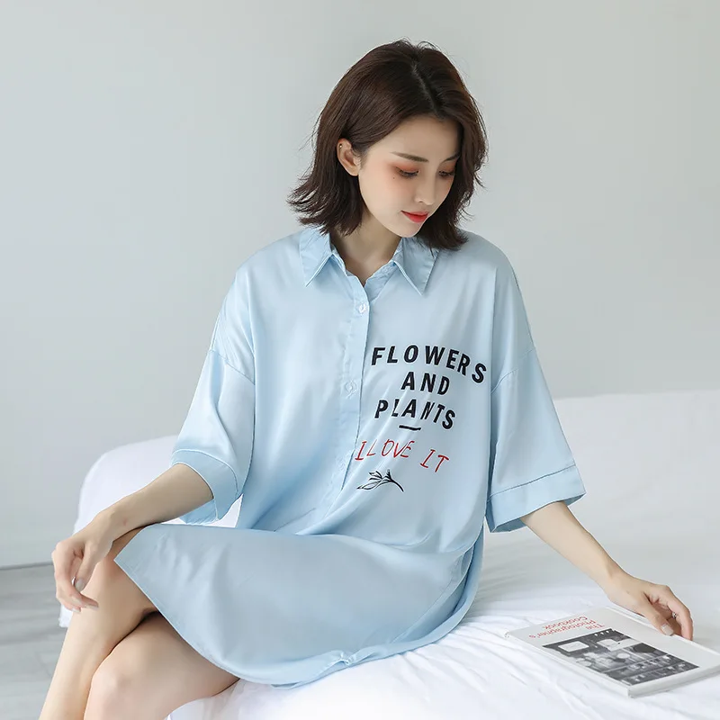 

Loose Nighty Sleepwear Summer Lady Satin Shirt Tops Nightgown Short Sleeve Print Flower Sleep Nightgown Casual Home Wear Gown