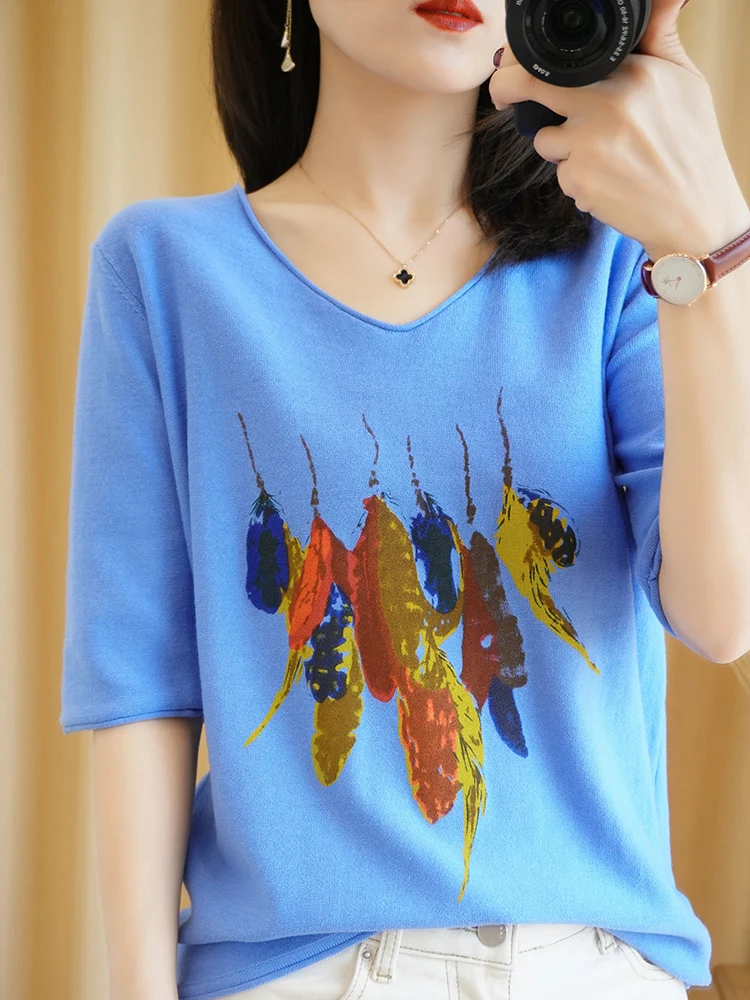 

Pure cotton sweater women 2021 spring and autumn casual knitted sweater half sleeve V-neck pullover women plus size top tees