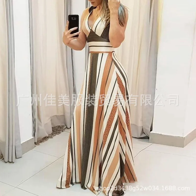 

2021 European and American new style sleeveless striped print color matching dress long dress women