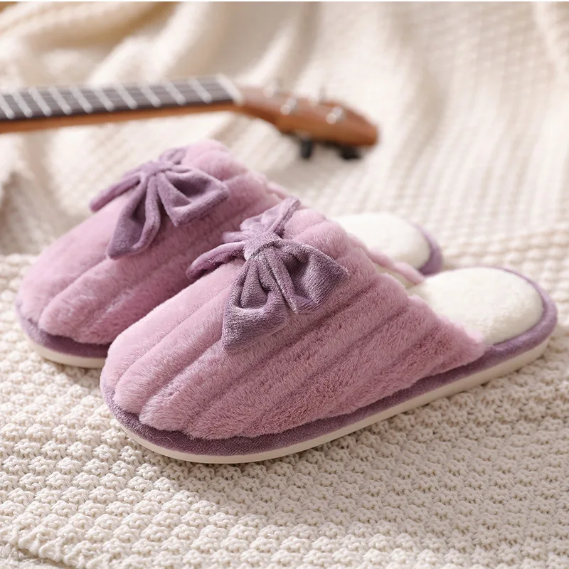 Женские меховые тапочки с бантом мягкие домашние хлопковые тапки пенным