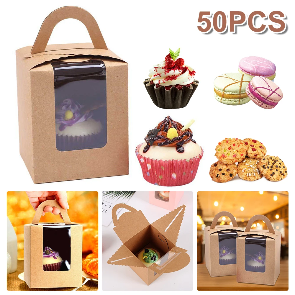 

50 pcs Clear Window Single Cupcake Boxes Muffins Pastries Containers with Handle Made of food-grade sturdy paper