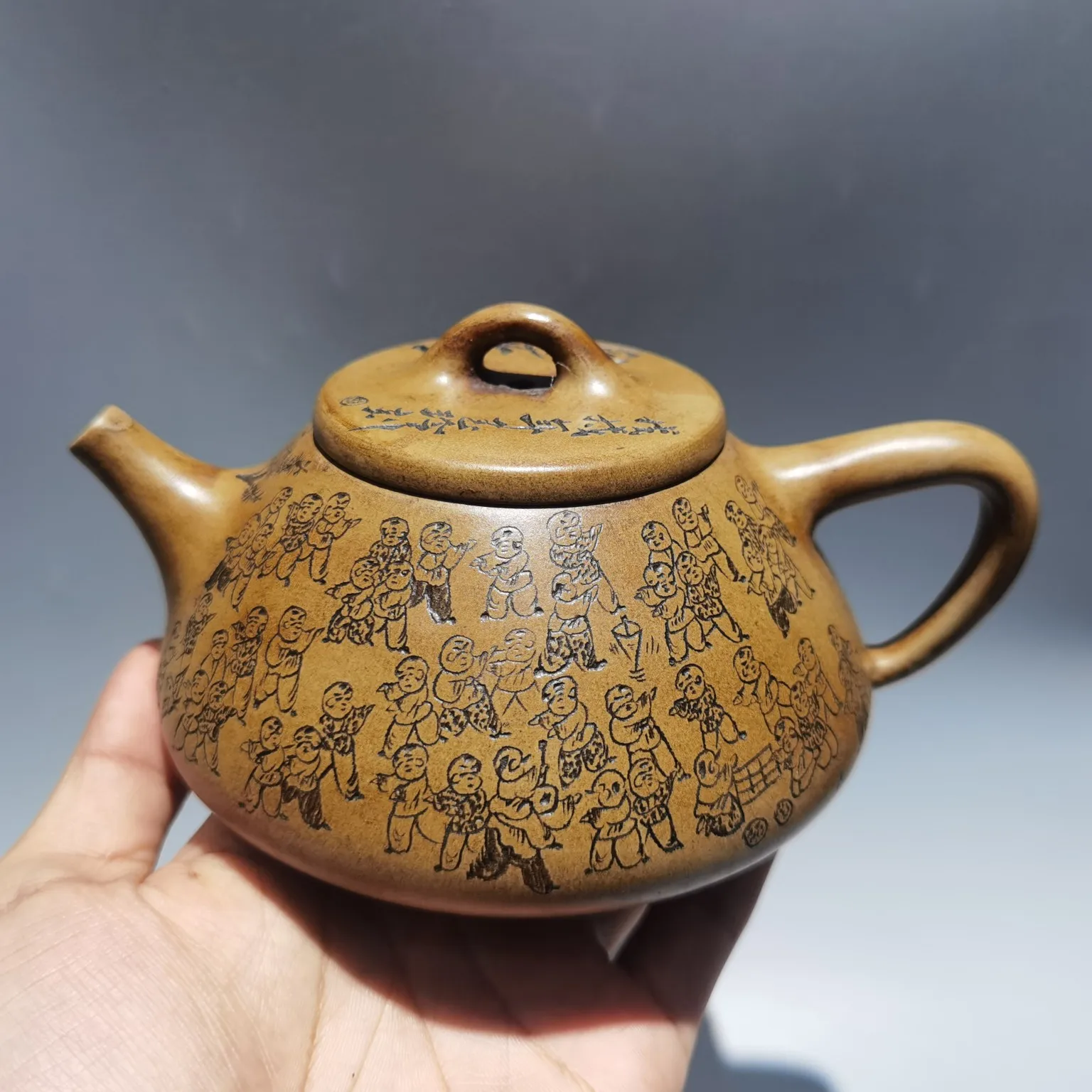 

6"Chinese Yixing Zisha Pottery Hand-Carved Drunk Jiangnan Pot Duan Ni kettle teapot Teapot Pot Tea Maker Office Ornaments