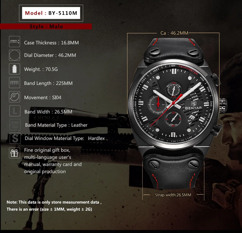 

Benyar men's quartz Watch Leather multifunctional chronograph waterproof leisure sports watch5110 religio masculino clocks