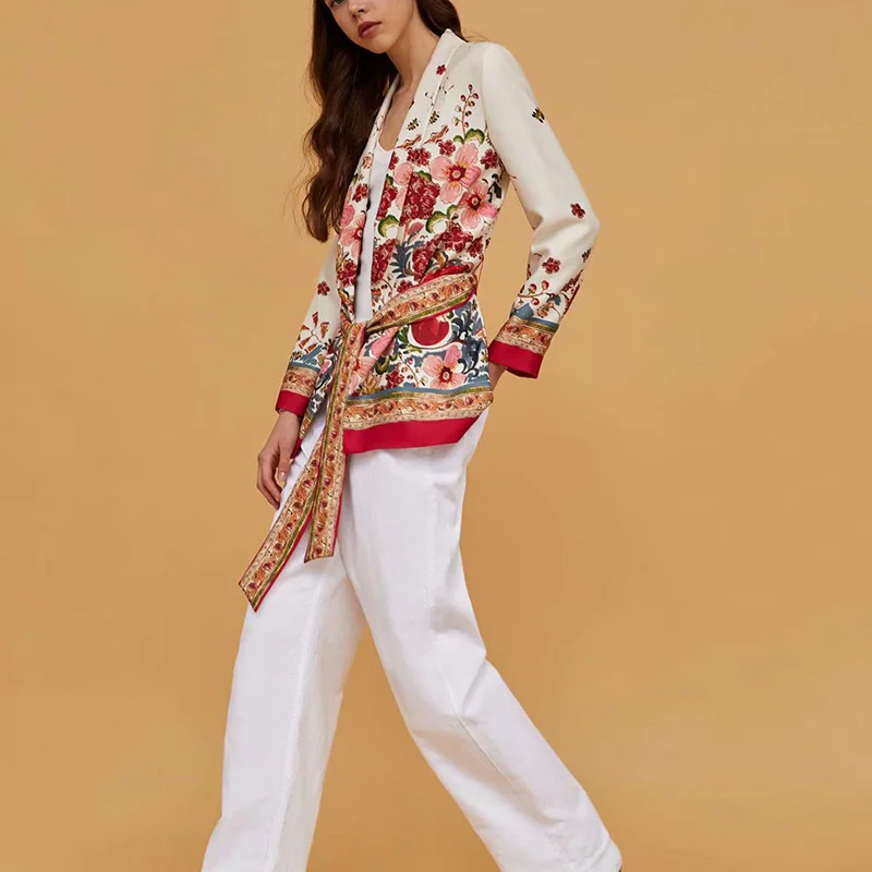 JuneLove Women Autumn Long Sleeve Print Blazers Jackets Vintage Floral Female Suits Casual Street Office Lady Sets Loose Bottoms