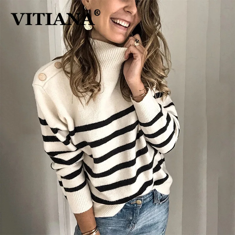 Женский полосатый свитер VITIANA повседневный вязаный с длинными рукавами и