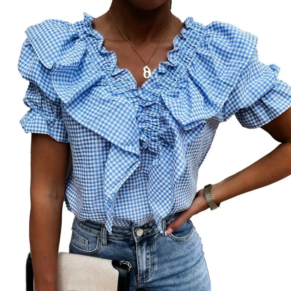

Женские футболки в клетку, платье со складками с буффами на рукавах с v-образным вырезом с коротким рукавом Топ для свиданий Футболка женска...