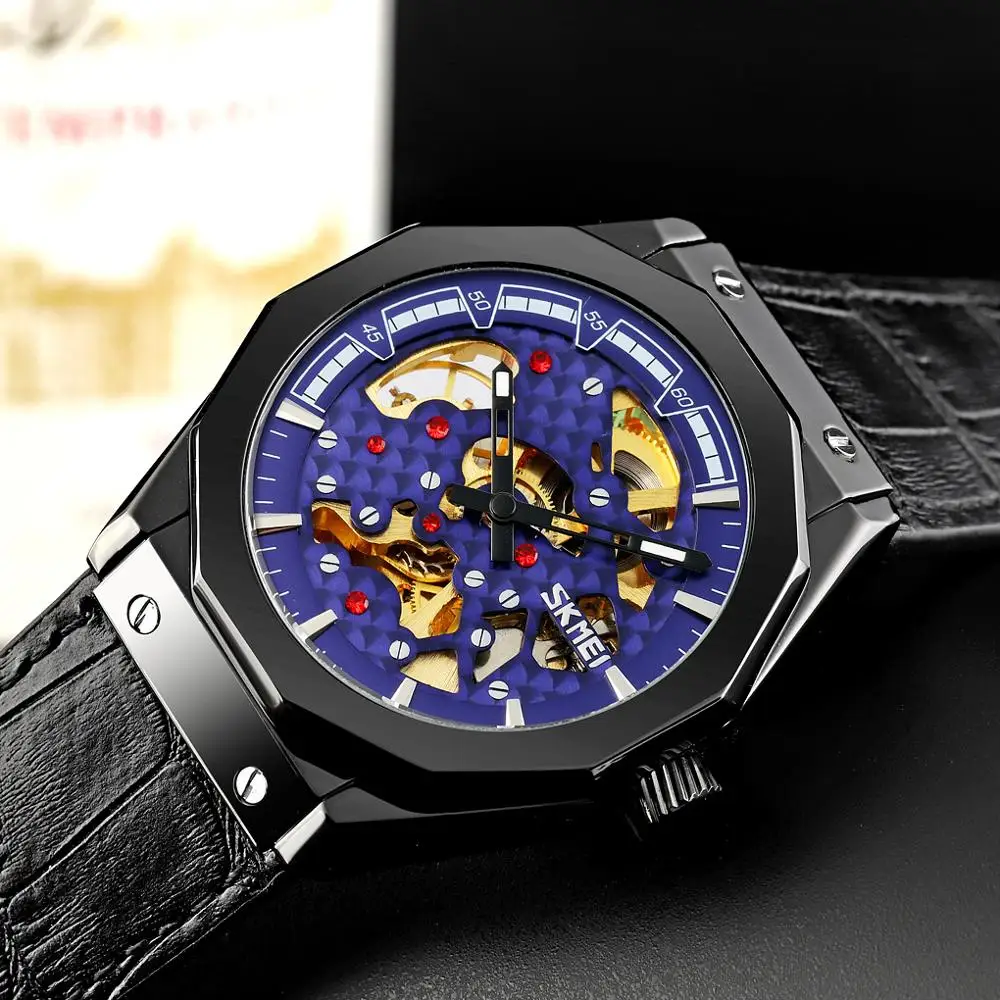 Creative Mechanical Watch Mens Automatic Watches Hollow Dial Waterproof Men Wristwatch Leather Strap Watch Skmei  reloj hombre