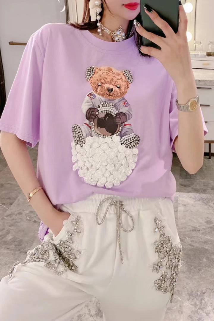 

Pure Cotton Pink T-shirt for Women 2021 Spring Embroidered Flares Bear Shirt Loose Cool Pullover Short Sleeve Top