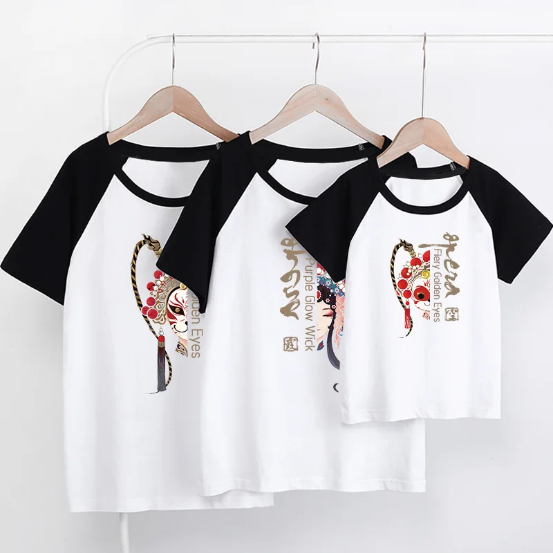 27kids Mother Daughter Romper Clothes Matching Family Cotton T-shirt Tops Parent-child Outfits Chinese Style Opera Pattern | Мать и