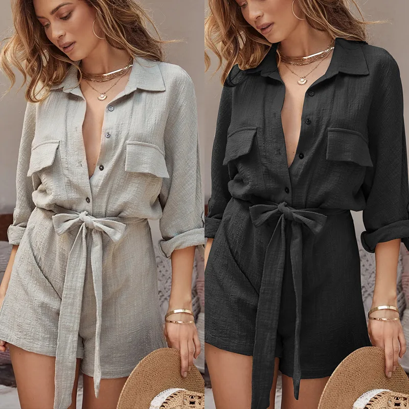 

Jumpsuit For Women Safari Casual Summer Rompers Short Sleeves Playsuit Military Style Street Chic Tracksuit