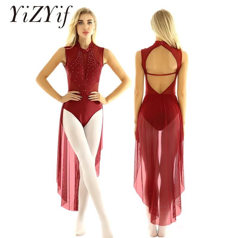 Женский Лирический танцевальный костюм Блестящие Стразы балетное